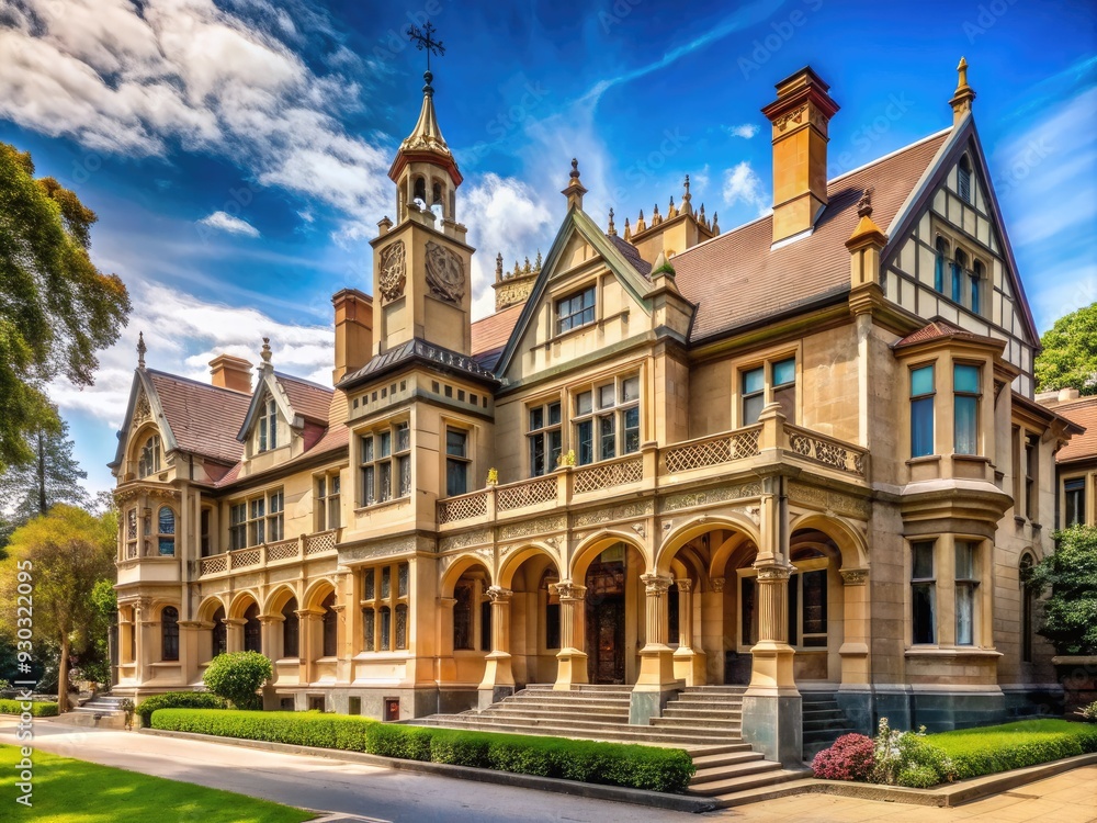 Naklejka premium Historic Beaurepaire Centre and intricate architectural details adorn the prestigious Melbourne University Parkville campus, capturing the essence of academic excellence in Victoria, Australia.