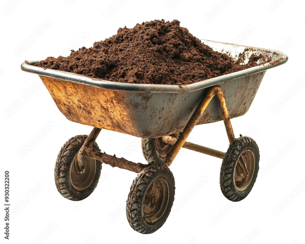 A wheelbarrow full of dirt is sitting on a white background A wheelbarrow full of dirt is sitting on a white background