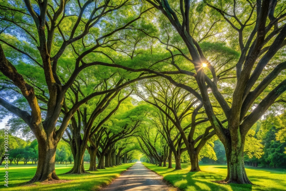 Fototapeta premium Serene landscape of majestic trees with lush green canopies stretching towards the sky, casting dappled shadows and fostering a sense of tranquility and relaxation.