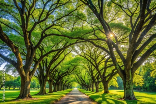 Serene landscape of majestic trees with lush green canopies stretching towards the sky, casting dappled shadows and fostering a sense of tranquility and relaxation. photo