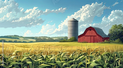 Barn silo in the rural countryside nature farmland village corn field outdoors landscape illustration. Summer agriculture industry harvest, horizon scenery meadow, cereal plant
