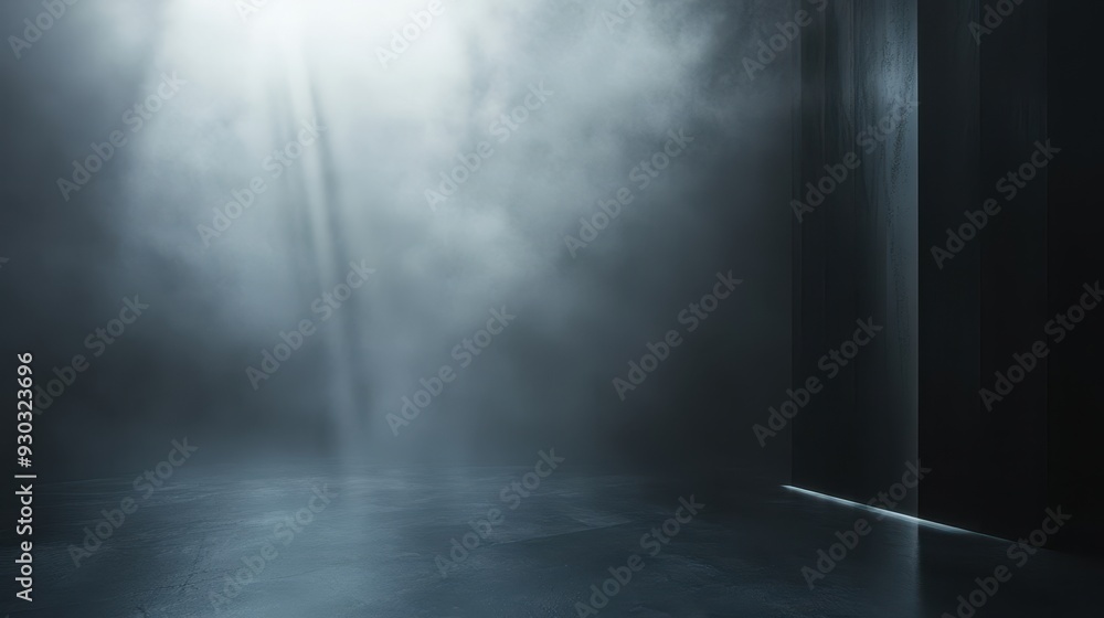 A dimly lit space with fog and light beams creating a mysterious atmosphere. A dimly lit space with fog and light beams creating a mysterious atmosphere.
