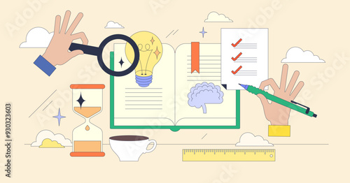 Study techniques as strategy for effective learning tiny neubrutalism concept. Educational approach with productivity from learning process tactics vector illustration. Productivity for students.