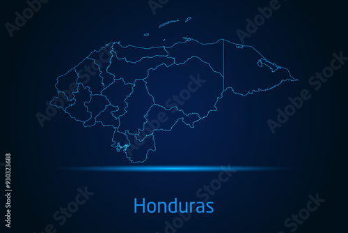 Abstract High Detailed Glow Blue Map on Dark Background of Map of Honduras symbol for your web site design map logo, app, Travel. Vector illustration eps 10.	
