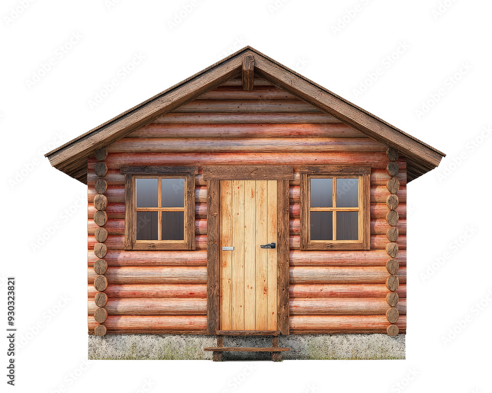 A small wooden cabin with a slanted roof and a door. The door has a window on it A small wooden cabin with a slanted roof and a door. The door has a window on it