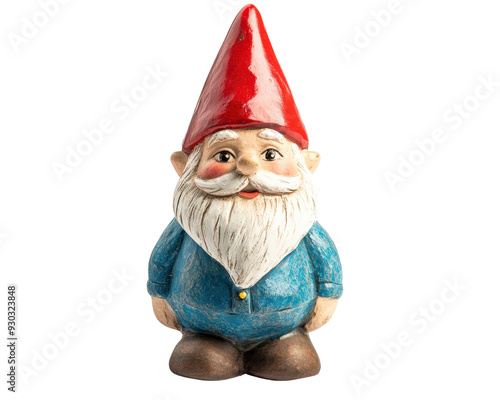 A gnome statue with a blue shirt and red hat