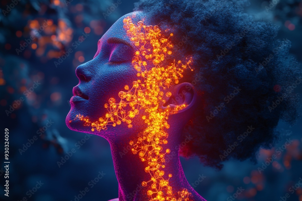 Ethereal silhouette of a woman illuminated by the intricate patterns of neural connections showcasing brain function Ethereal silhouette of a woman illuminated by the intricate patterns of neural connections showcasing brain function