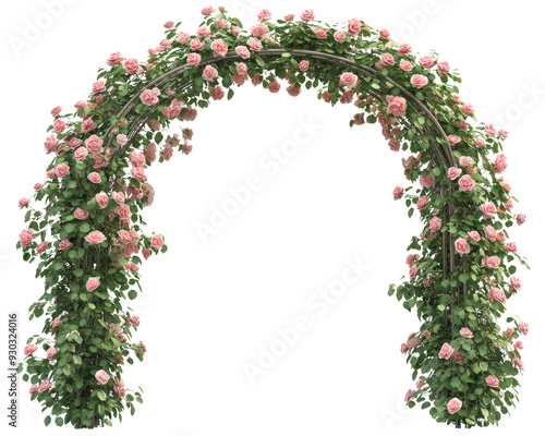 A pink archway with flowers is shown against a white background. The archway is covered in pink flowers, giving it a romantic and elegant feel. The archway is a beautiful