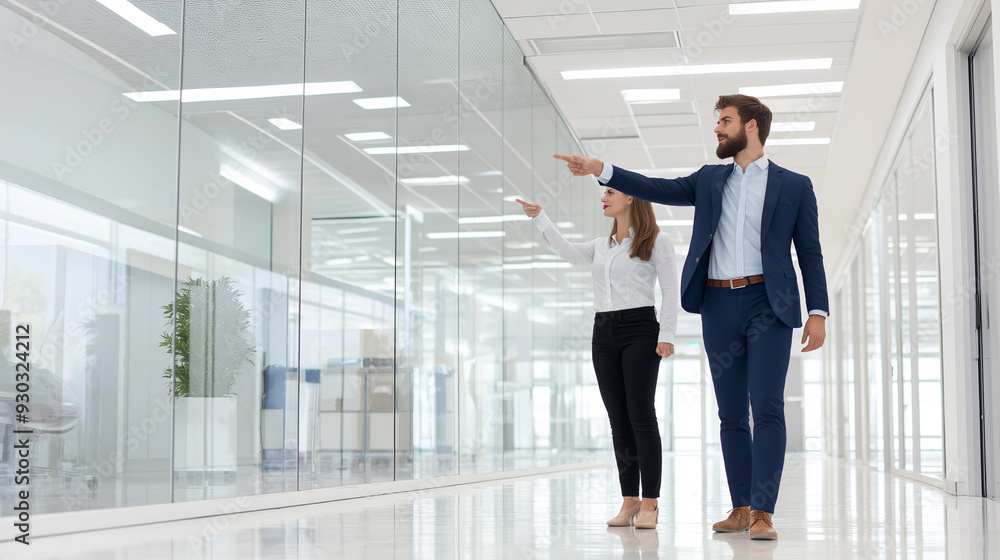 Male entrepreneur pointing while female colleague standing by in corridor of office