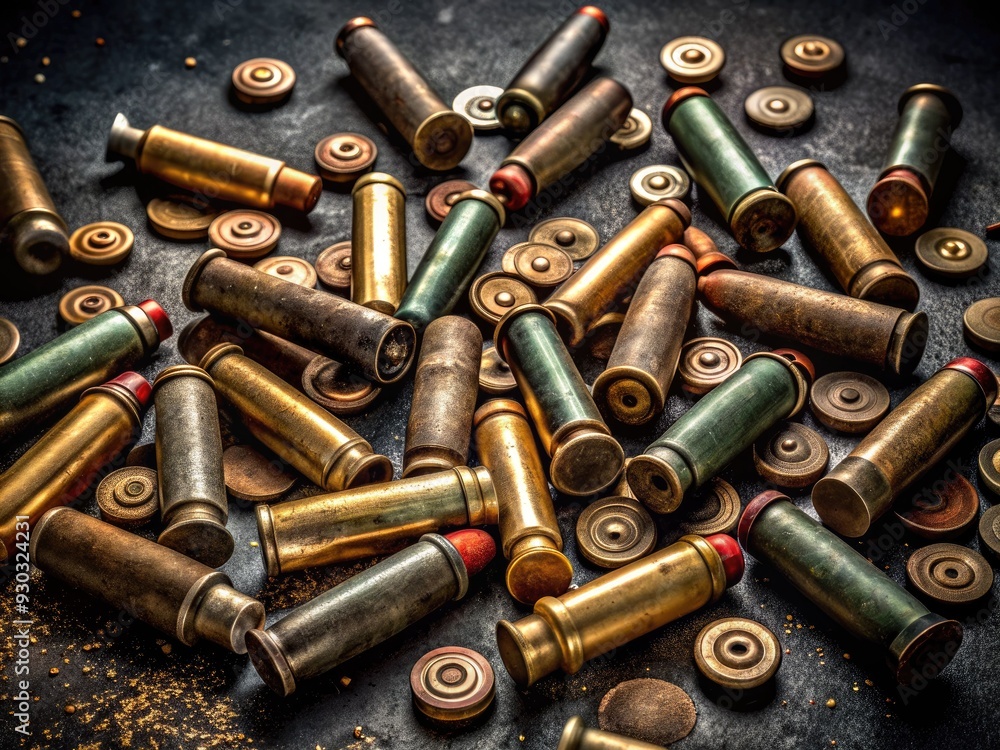 Retro ammunition scattered on a black background, showcasing faded bullet casings, antique shotgun shells, and dusty military cartridges, evoking a sense of nostalgia and history. Retro ammunition scattered on a black background, showcasing faded bullet casings, antique shotgun shells, and dusty military cartridges, evoking a sense of nostalgia and history.