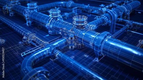 Building pipe and valve tube system architectural blueprint, industrial engineering construction design, factory pipeline technology equipment, gas or oil pump safety structure