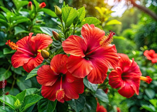 Vibrant red hibiscus flowers bloom against a lush backdrop of green leaves on a thriving hibiscus plant, exuding tropical beauty and serene summer charm.