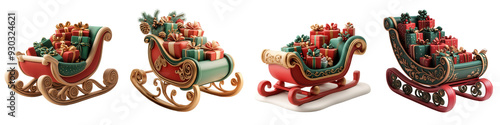 Beautifully decorated Christmas sleighs filled with colorful gifts, perfect for holiday-themed designs and festive celebrations. isolated on a transparent background