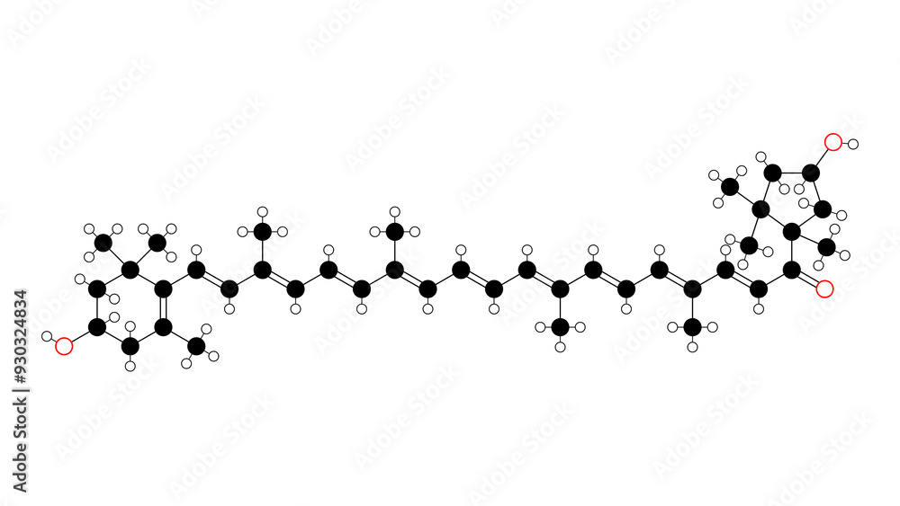 capsanthin molecule, structural chemical formula, ball-and-stick model, isolated image e160c(i) capsanthin molecule, structural chemical formula, ball-and-stick model, isolated image e160c(i)