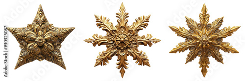 Ornate gold motifs featuring star and snowflake designs with intricate detailing, perfect for decoration or artistic inspiration. isolated on a transparent background