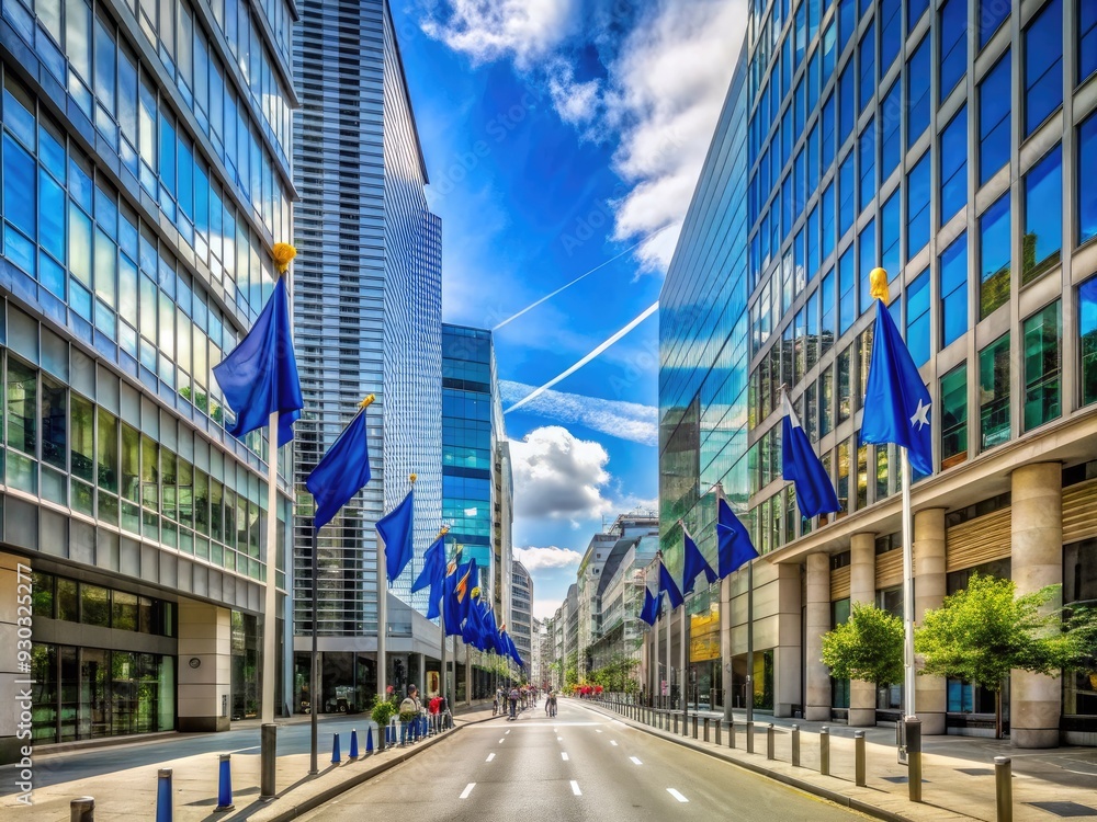 Fototapeta premium Modern architecture and European Union flags line Rue de la Loi, a bustling street in Brussels' European district, surrounded by official council and commission buildings.