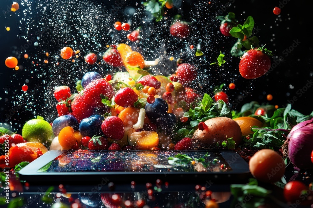A creative advertising poster, a digital tablet surrounded by an explosion of colorful fruits and vegetables floating in the air, with holographic images of cooking ingredients appearing A creative advertising poster, a digital tablet surrounded by an explosion of colorful fruits and vegetables floating in the air, with holographic images of cooking ingredients appearing