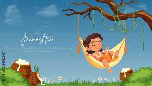 Canvas Print Happy Khrishna Janmashtami and dahi handi Hindu festival of happy shree lord krishna god born with janmashtami text and gradient background