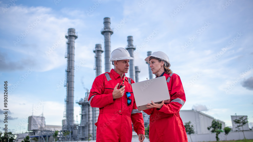 Obraz premium Engineers wearing safety gear, including hard hats examining survey a large blueprint tablet standing industrial facility gas or oil refinery engaged in a job requires high safety standards concept.