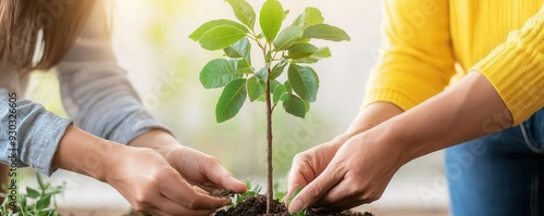 Couple planting a tree together in a suburban neighborhood, eco-friendly urban living