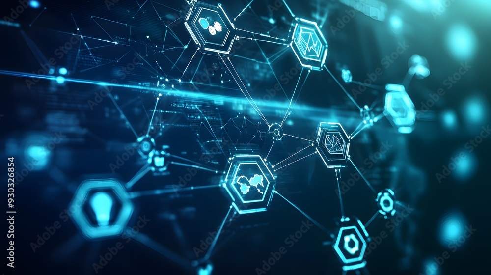 A detailed view of a blockchain network visualized as a series of interconnected digital nodes and medical icons, set against a backdrop of a modern clinic with bright, neutral lighting, innovative A detailed view of a blockchain network visualized as a series of interconnected digital nodes and medical icons, set against a backdrop of a modern clinic with bright, neutral lighting, innovative