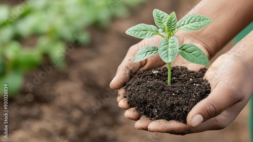 Hands holding a young plant with soil, ready to be planted in a garden, eco-conscious gardening, sustainable practices