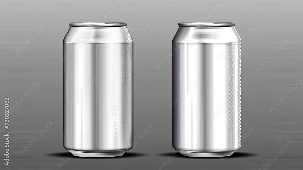 Empty aluminum cans of 500 ml and 330 ml on a transparent grid background. Stock vector illustration. Empty aluminum cans of 500 ml and 330 ml on a transparent grid background. Stock vector illustration.