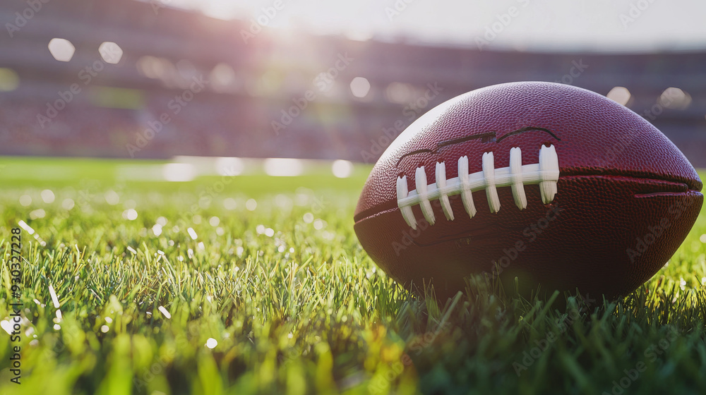 An American football on the field grass in a brightly lit outdoor stadium, with the focus on the foreground and a shallow depth of field in the background. The scene features deliberate lens flare. An American football on the field grass in a brightly lit outdoor stadium, with the focus on the foreground and a shallow depth of field in the background. The scene features deliberate lens flare.