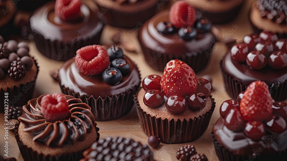Chocolate pastry cakes and cookies in bakery. Sweet delicious dark cocoa cream food, tasty brown or black snack, yummy candy treat with strawberry fruit and berries Chocolate pastry cakes and cookies in bakery. Sweet delicious dark cocoa cream food, tasty brown or black snack, yummy candy treat with strawberry fruit and berries