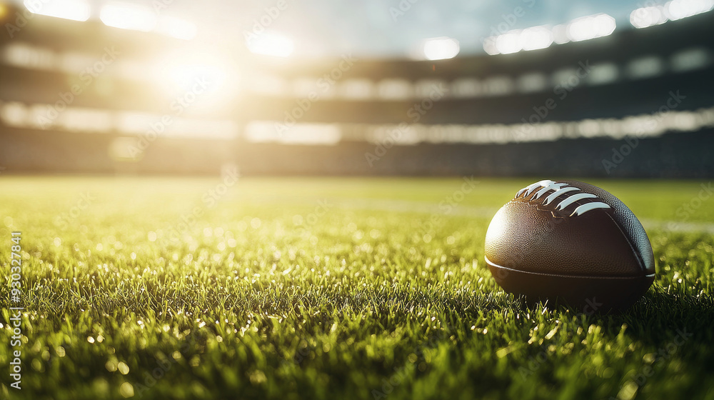 An American football on the field grass in a brightly lit outdoor stadium, with the focus on the foreground and a shallow depth of field in the background. The scene features deliberate lens flare. An American football on the field grass in a brightly lit outdoor stadium, with the focus on the foreground and a shallow depth of field in the background. The scene features deliberate lens flare.