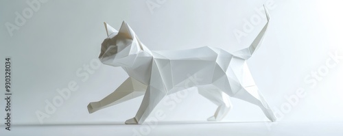 Geometric origami cat sculpture, walking position