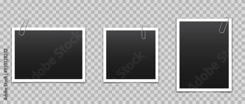 Vector blank photo frames with silver metal paper clip and shadow isolated on transparent background. Template mockup photo design.