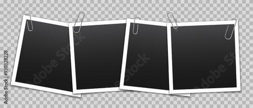 Vector blank photo frames with silver metal paper clip and shadow isolated on transparent background. Template mockup photo design.