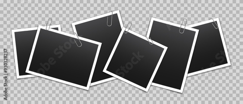 Vector blank photo frames with silver metal paper clip and shadow isolated on transparent background. Template mockup photo design.