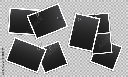 Vector blank photo frames with silver metal paper clip and shadow isolated on transparent background. Template mockup photo design.