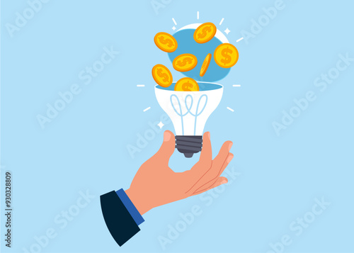 Open lightbulb to see Golden Coins. Savings, Collecting Money in Account, Open Bank Deposit. Creativity to help see business opportunity, vision to discover new solution or idea, curiosity