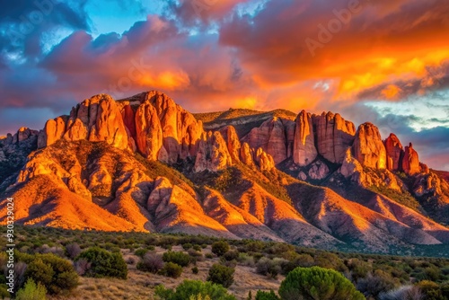 Vibrant pink and orange hues illuminate the Abstract view of Sandia Mountains at sunset, casting a warm glow on rugged rock formations.