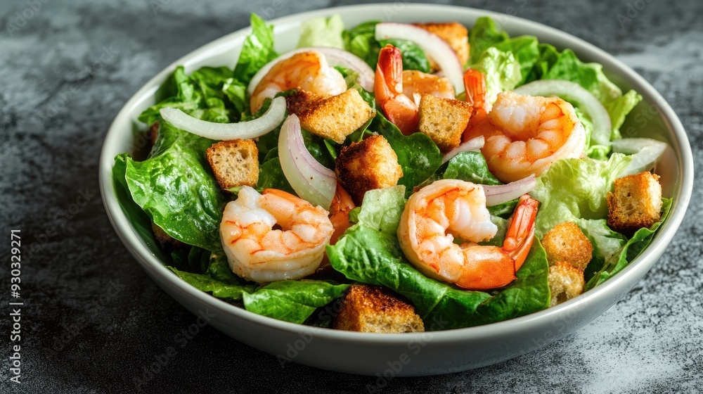 shrimp salad with lettuce, onion, and croutons, delicious food shrimp salad with lettuce, onion, and croutons, delicious food