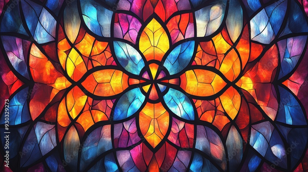 Vibrant Stained Glass Window with Colorful Geometric Patterns and Floral Motifs in a Kaleidoscopic Design Vibrant Stained Glass Window with Colorful Geometric Patterns and Floral Motifs in a Kaleidoscopic Design