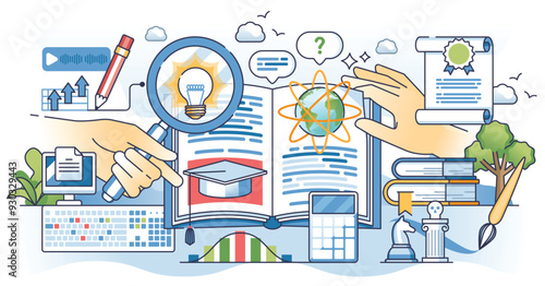 Continuing education and lifelong personal development outline concept. Scientific learning with STEM course for cognition skills growth vector illustration. Smart online e-learning book platform.