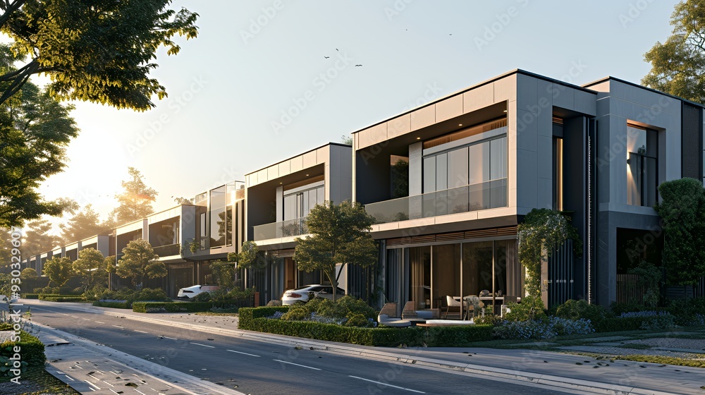 Modern residential buildings with greenery and a clear road, showcasing contemporary architecture.