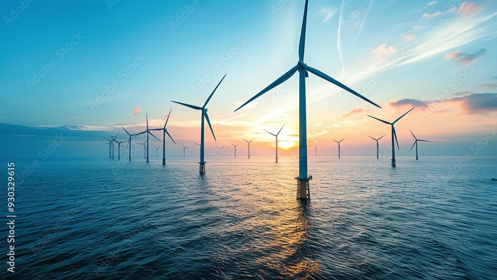 Majestic Offshore Wind Farm with Large Turbines Against a Clear Blue Sky and Expansive Ocean - Sustainable Electric Energy Majestic Offshore Wind Farm with Large Turbines Against a Clear Blue Sky and Expansive Ocean - Sustainable Electric Energy