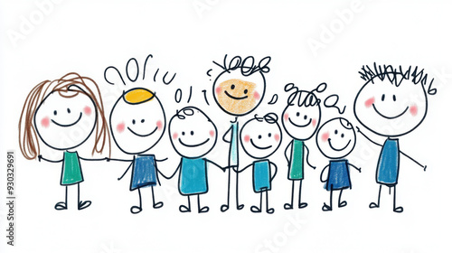A joyful, hand-drawn stick figure family illustration with eight members holding hands, smiling together in a simple, childlike style.