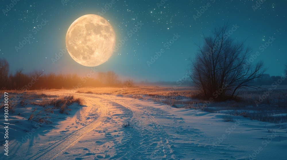 A bright full moon illuminates a snowy path in a tranquil winter landscape at night A bright full moon illuminates a snowy path in a tranquil winter landscape at night