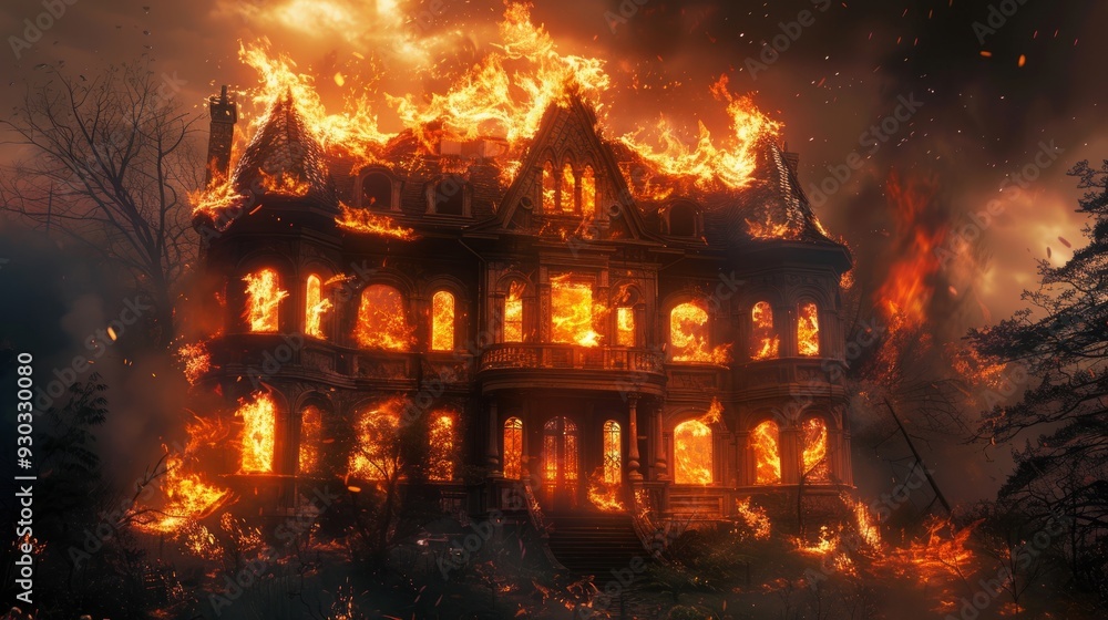 Historic mansion engulfed in flames during nighttime blaze with billowing smoke Historic mansion engulfed in flames during nighttime blaze with billowing smoke