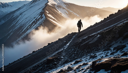 Peak Wanders in Foggy Winter: The Adventurer's Excursion Immersed in Landslide photo