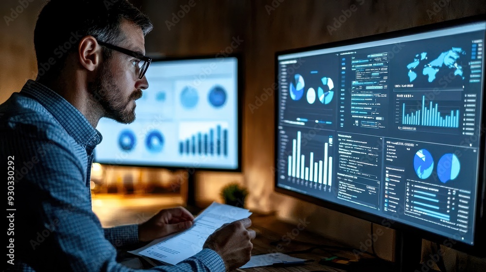 Focused analyst reviewing data charts and graphs on multiple screens in a modern workspace, enhancing decision-making processes. Focused analyst reviewing data charts and graphs on multiple screens in a modern workspace, enhancing decision-making processes.