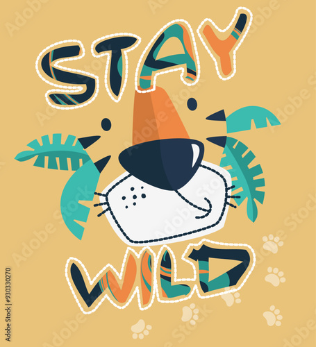 Photography Cute cartoon tiger jungle and text stay wild isolated on yellow background illustration vector, Print for kids t-shirt