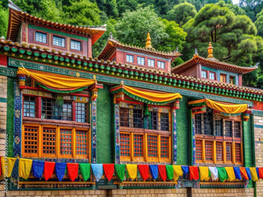 Intricately designed blind windows adorn traditional Tibetan buildings amidst vibrant prayer flags and lush greenery in the serene Four Great Regions of Summer Palace, Beijing.