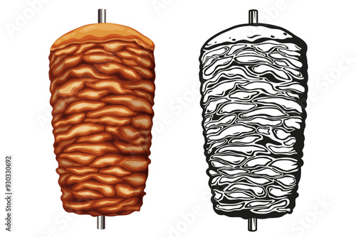 Doner kebab. Shawarma consisting of meat cut into thin slices, stacked in a cone-like shape, and roasted on a slowly-turning vertical rotisserie or spit. on white background. Vector illustration.